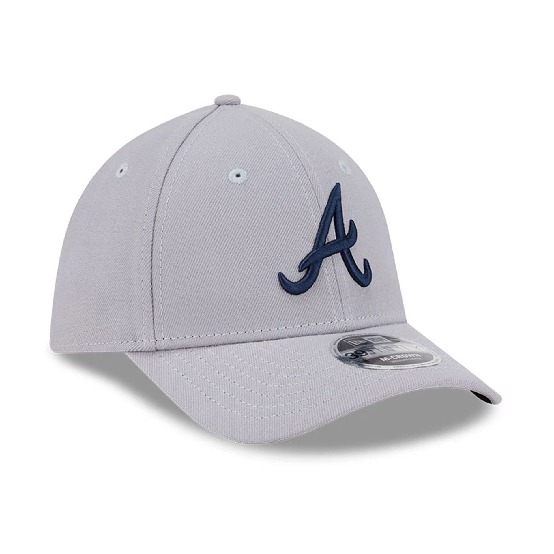 Pictured is this MLB Atlanta Braves 39THIRTY M-Crown Stretch Fit cap in grey. 3