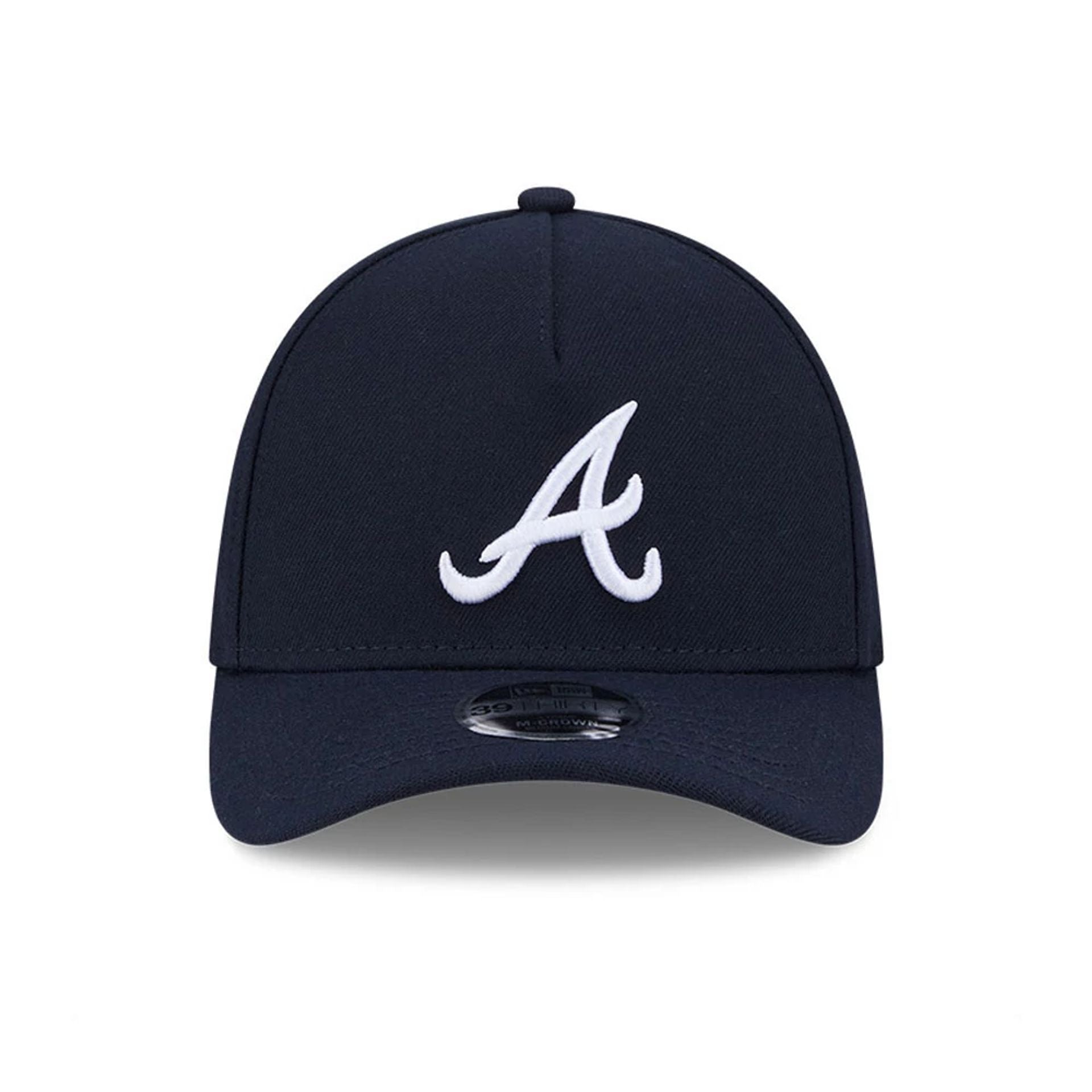 Pictured is this MLB Atlanta Braves 39THIRTY M-Crown A-Frame Stretch Fit cap in navy. 3