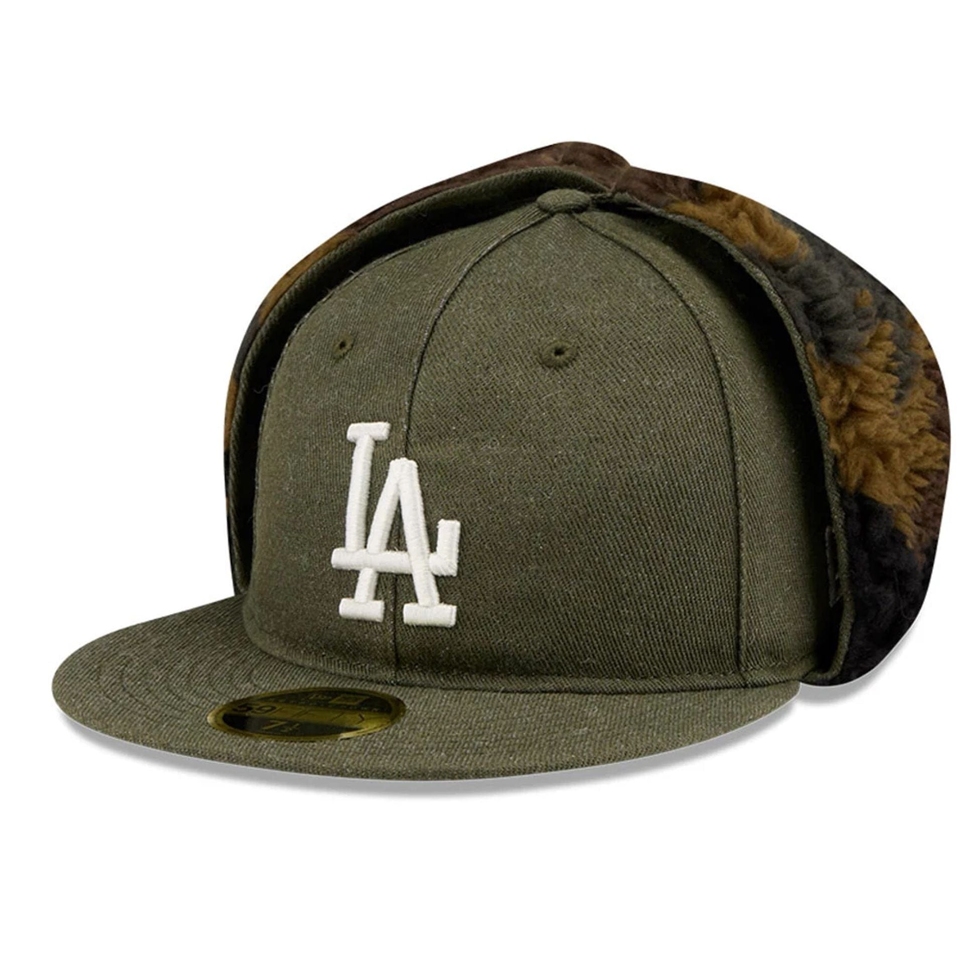 This is a LA Dodgers MLB Camo Open Green Retro Crown 59FIFTY Fitted Cap 1