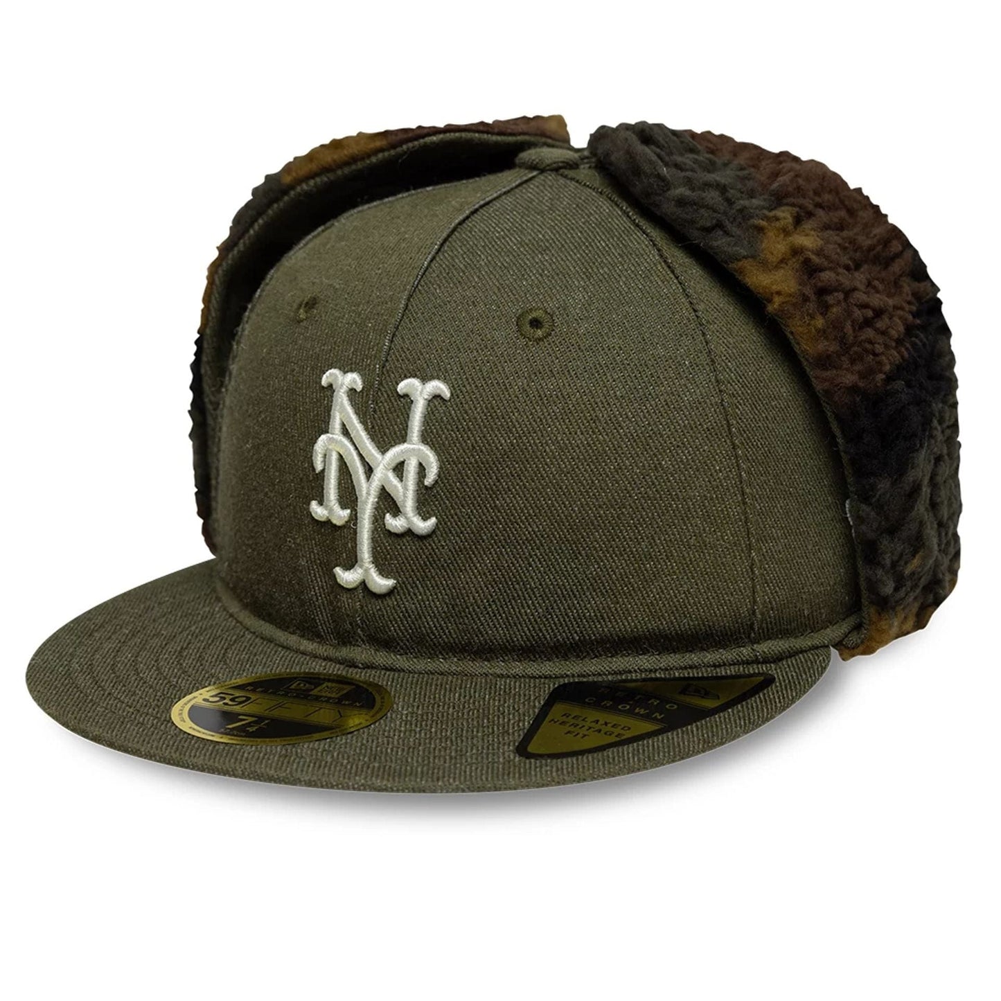This is a New York Mets MLB Camo Open Green Retro Crown 59FIFTY Fitted Cap 1