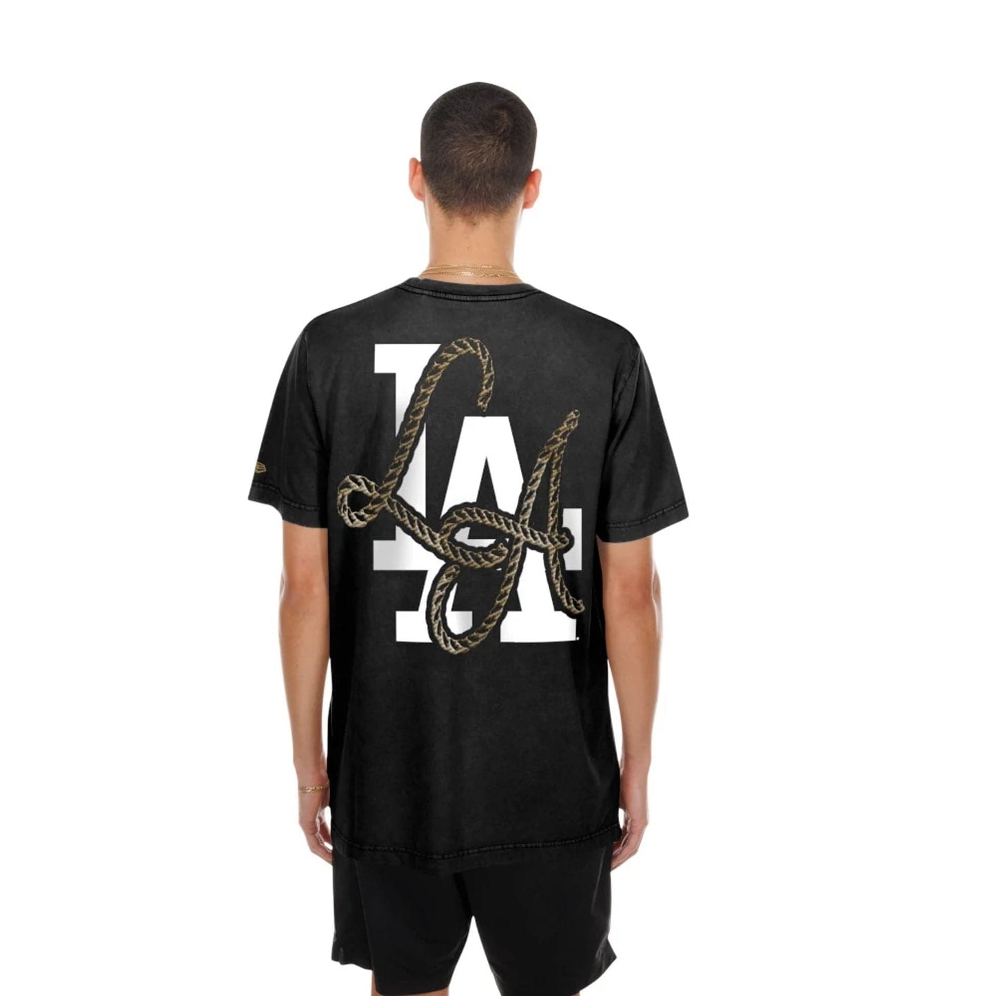 The model is wearing this MLB Cowboy Graphic LA Dodgers T-Shirt in black. 2