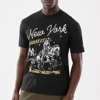 The model is wearing this MLB Cowboy Graphic New York Yankees T-Shirt in black. 3