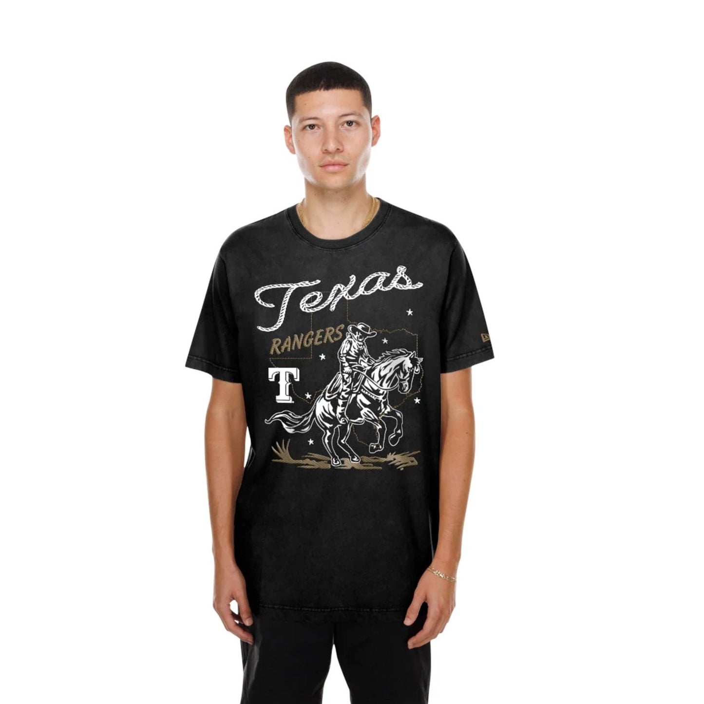 The model is wearing this MLB Cowboy Graphic Texas Rangers T-Shirt in black. 1