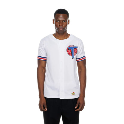 The model is wearing this Warner Brothers Space Jam Mesh Jersey in white. 1