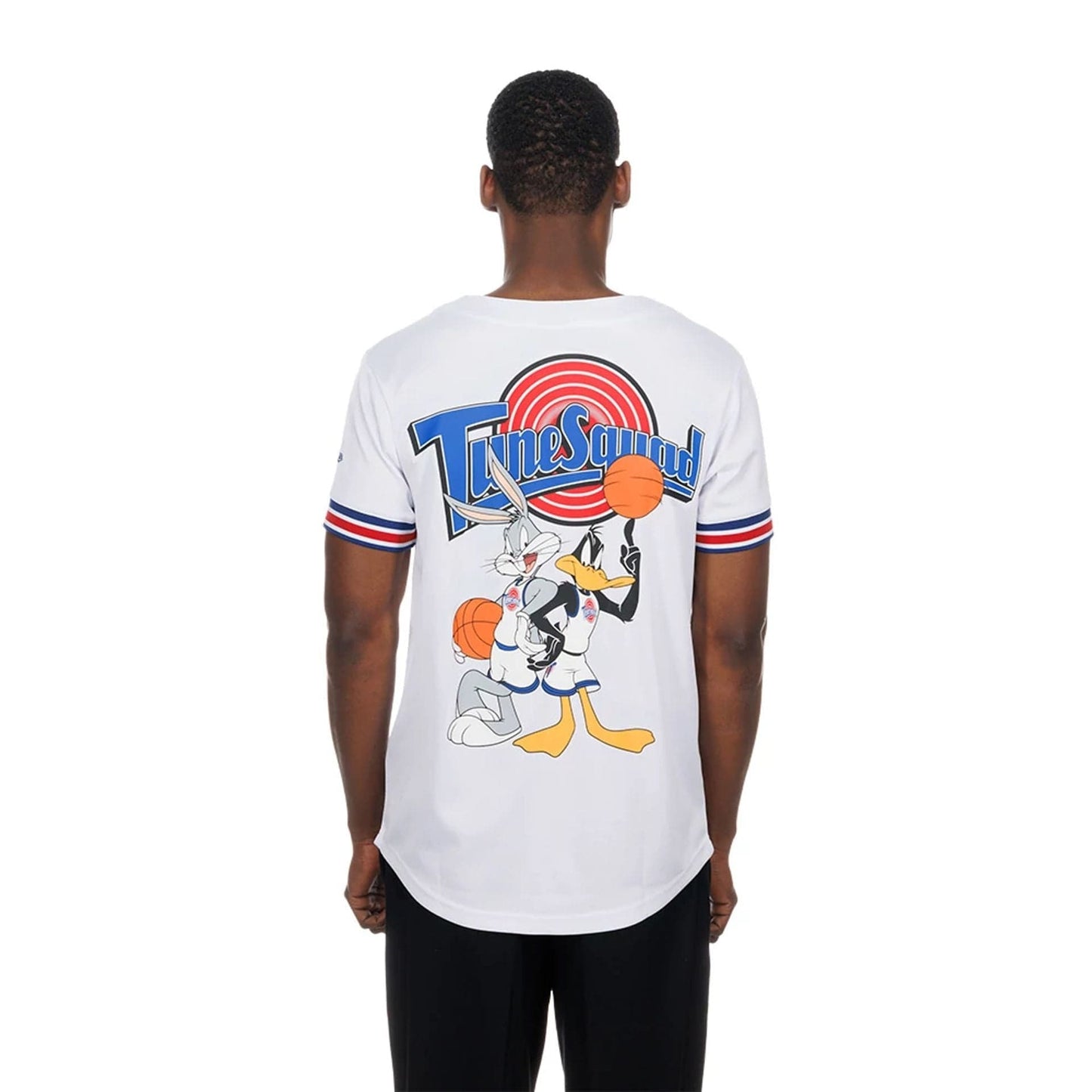 The model is wearing this Warner Brothers Space Jam Mesh Jersey in white. 2