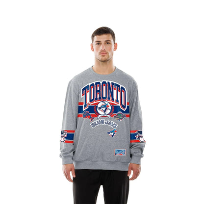 The model is wearing this MLB Sport Classic Toronto Blue Jays Crew Neck Sweater in grey. 1