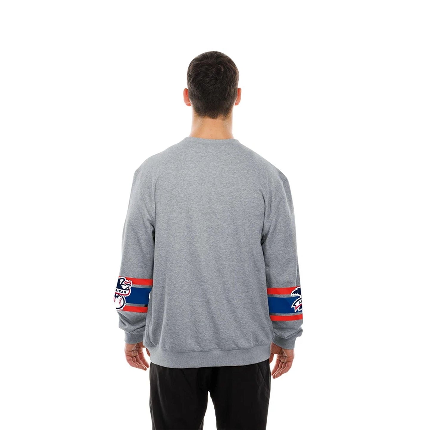 The model is wearing this MLB Sport Classic Toronto Blue Jays Crew Neck Sweater in grey. 2