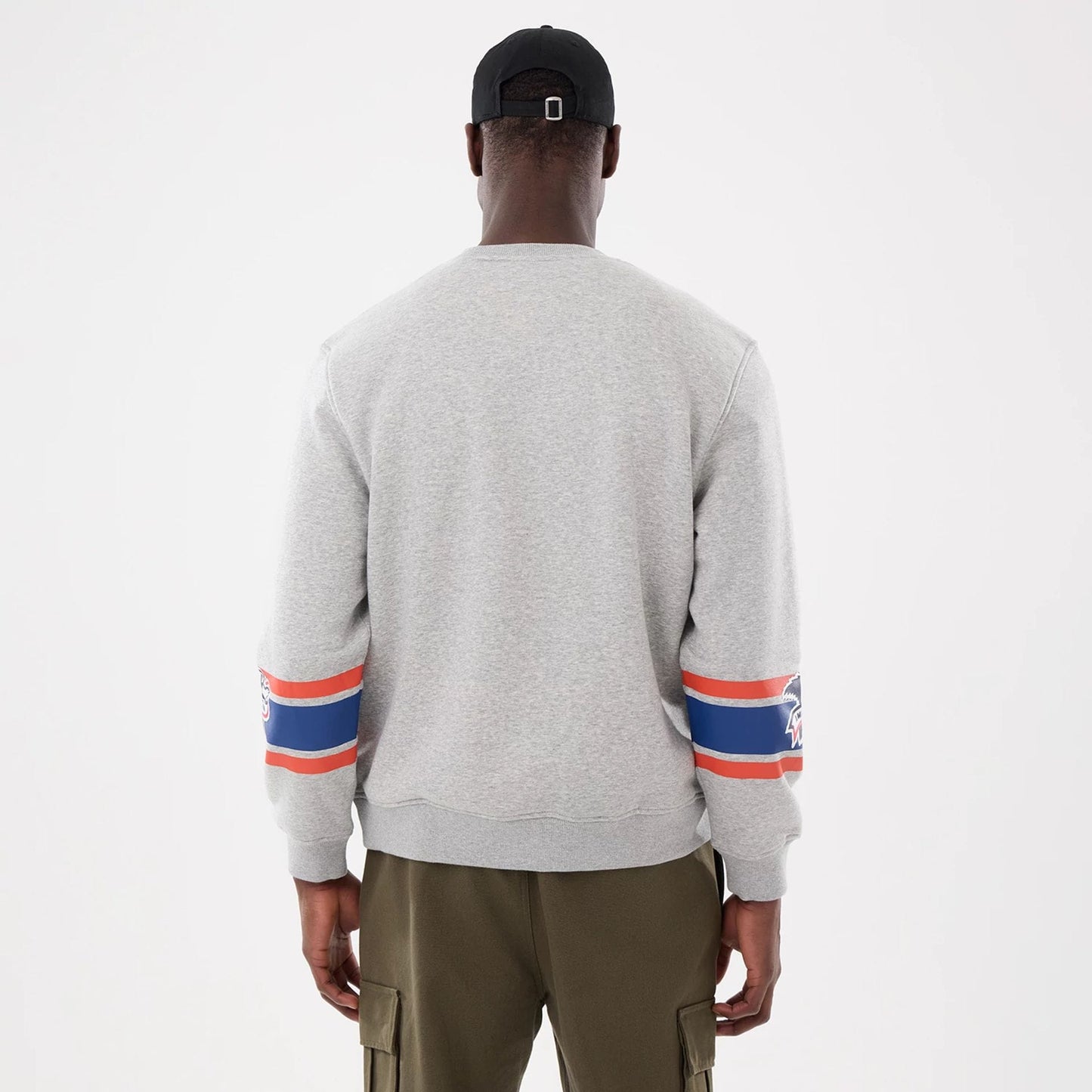 The model is wearing this MLB Sport Classic Toronto Blue Jays Crew Neck Sweater in grey. 2