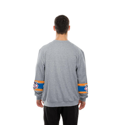 The model is wearing this MLB Sport Classic New York Mets Crew Neck Sweater in grey. 2