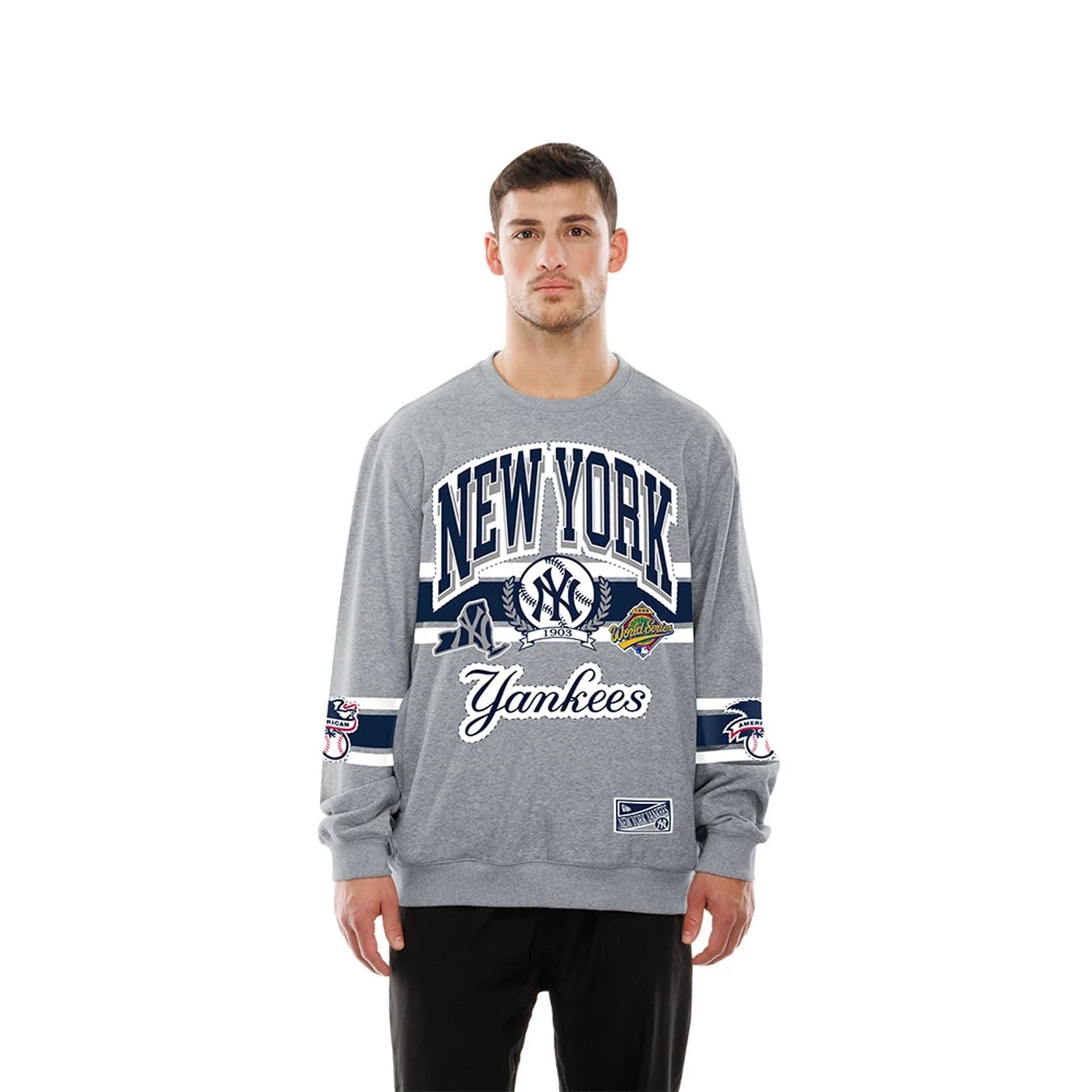 The model is wearing this MLB Sport Classic New York Yankees Crew Neck Sweater in grey. 1