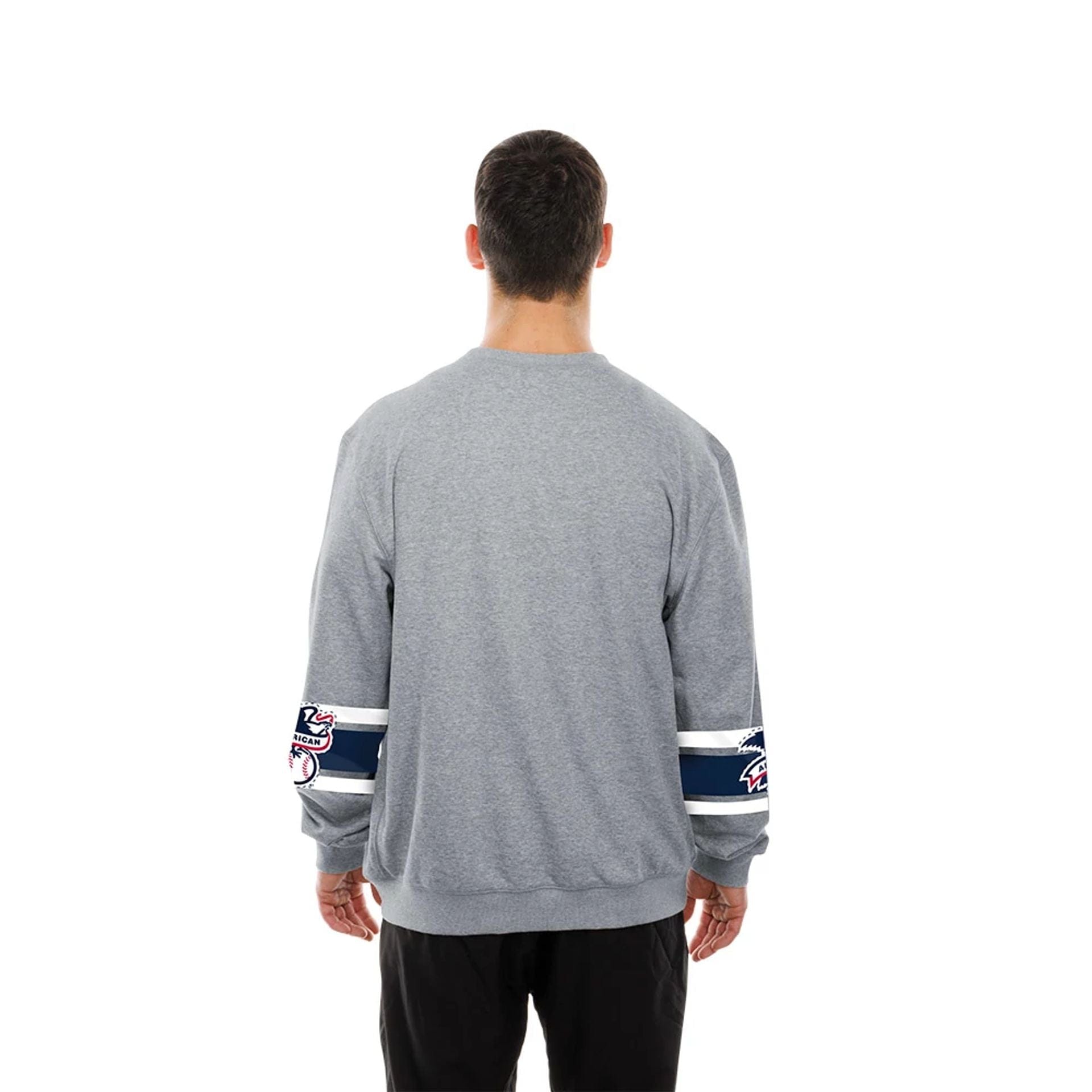 The model is wearing this MLB Sport Classic New York Yankees Crew Neck Sweater in grey. 2
