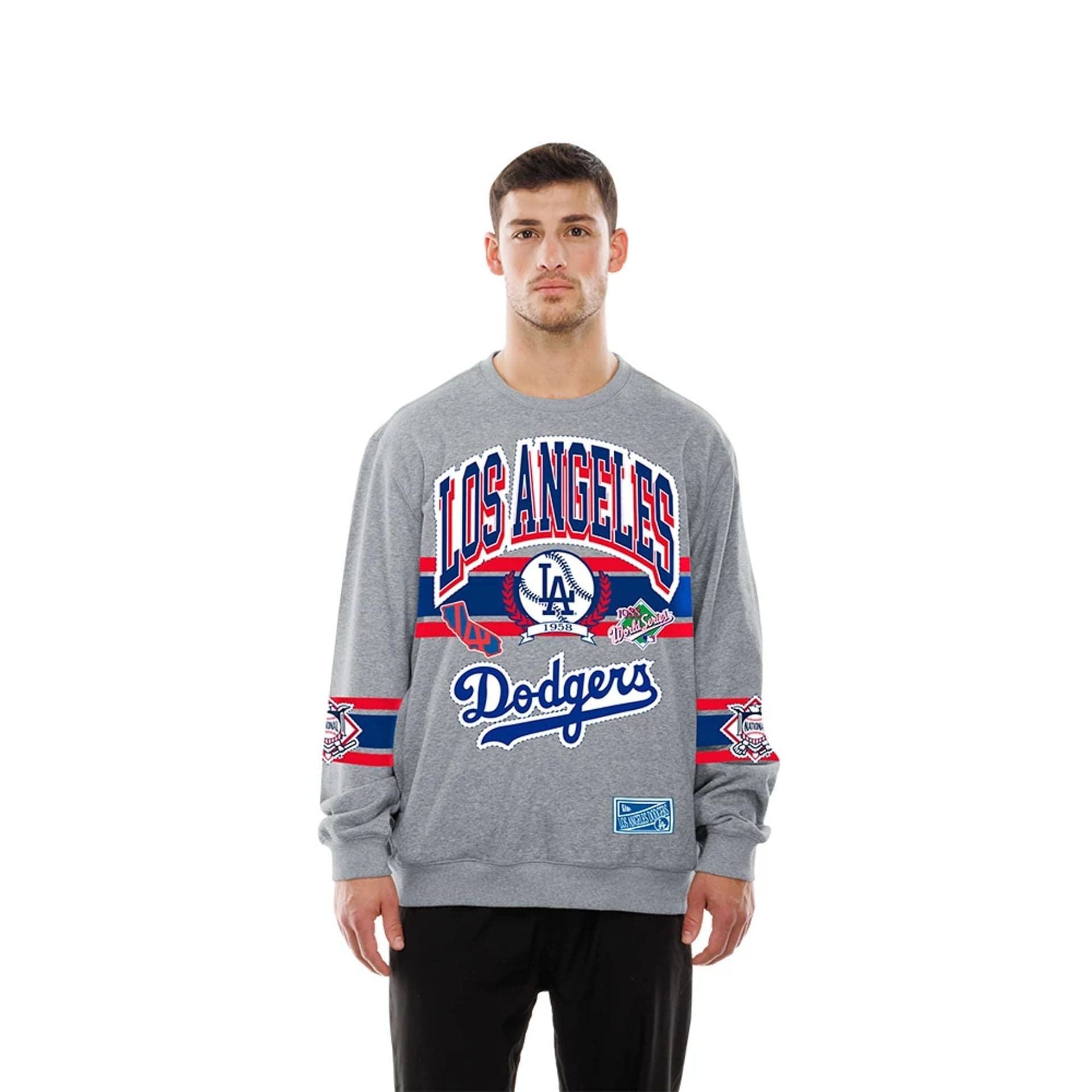 The model is wearing this MLB Sport Classic LA Dodgers Crew Neck Sweater in grey. 1
