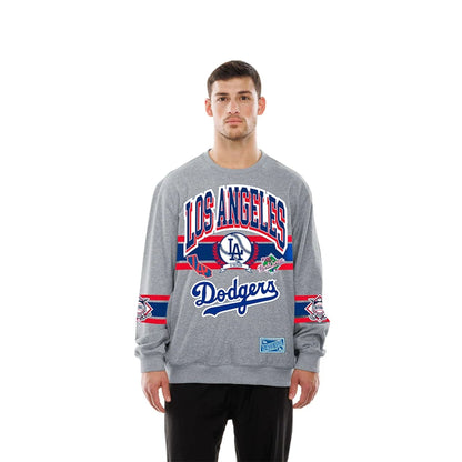 The model is wearing this MLB Sport Classic LA Dodgers Crew Neck Sweater in grey. 1