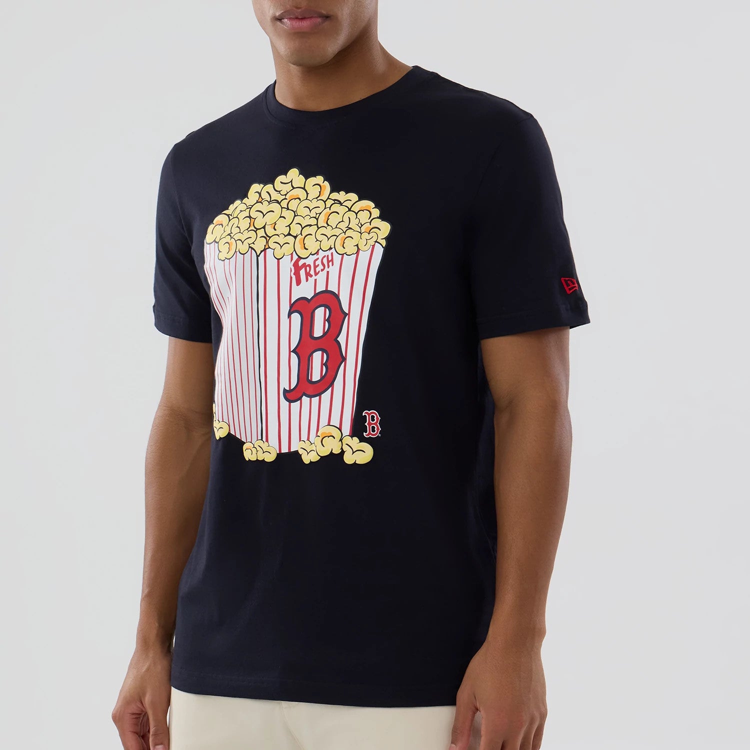 The model is wearing this MLB Popcorn Boston Red Sox T-Shirt in navy. 3