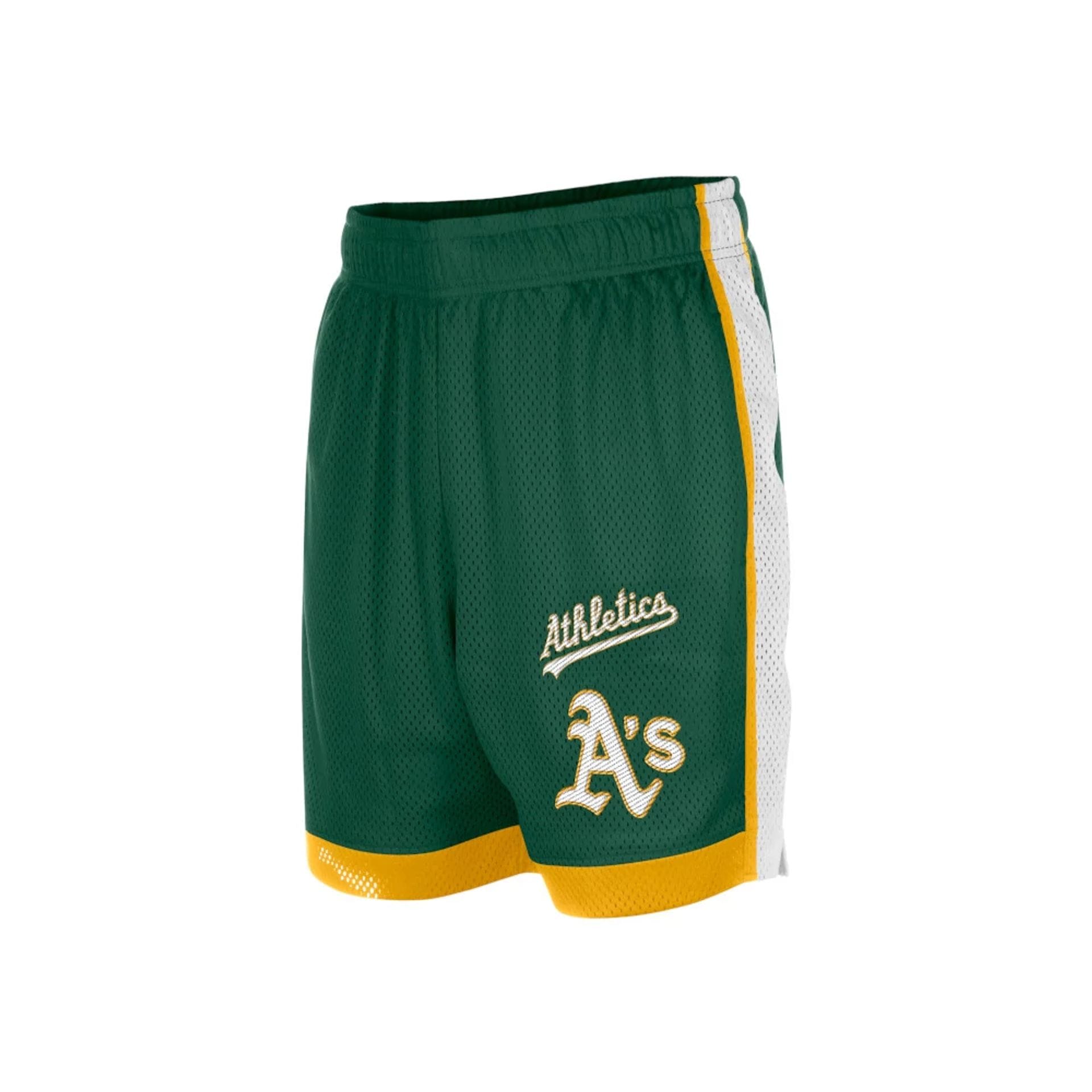 The model is wearing these MLB Athletics Mesh Shorts in dark green. 2