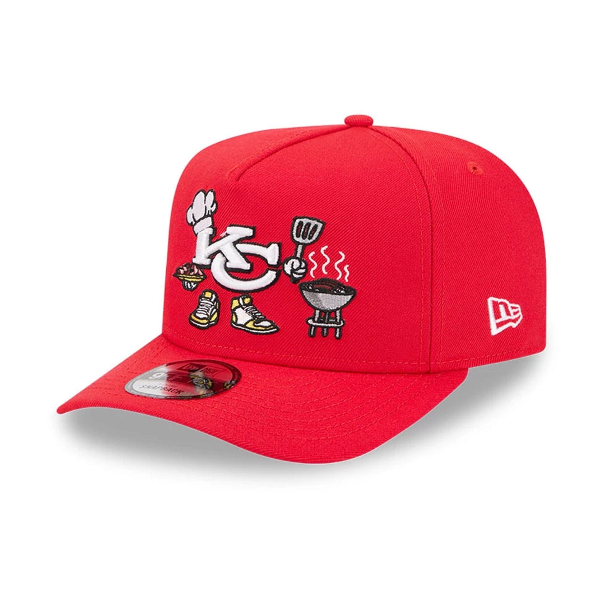 Pictured is this NFL Cartoon Kansas City Chiefs 9FIFTY A-Frame Snapback cap in red. 1