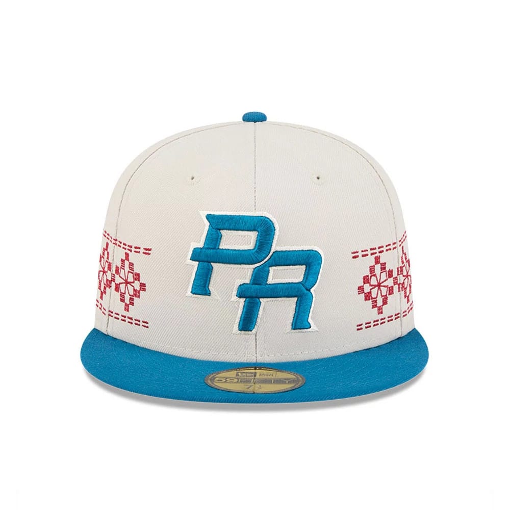 Pictured is this World Baseball Classic Latin Embroidery Puerto Rico 59FIFTY Fitted cap in light beige. 3