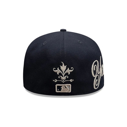 Pictured is this MLB Script New York Yankees 59FIFTY Fitted cap in navy. 3