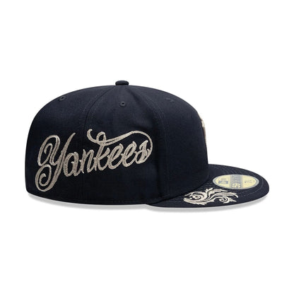 Pictured is this MLB Script New York Yankees 59FIFTY Fitted cap in navy. 4