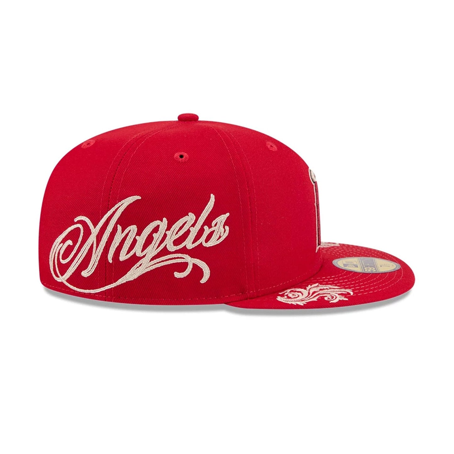 Pictured is this MLB Script LA Angels 59FIFTY Fitted cap in red. 4