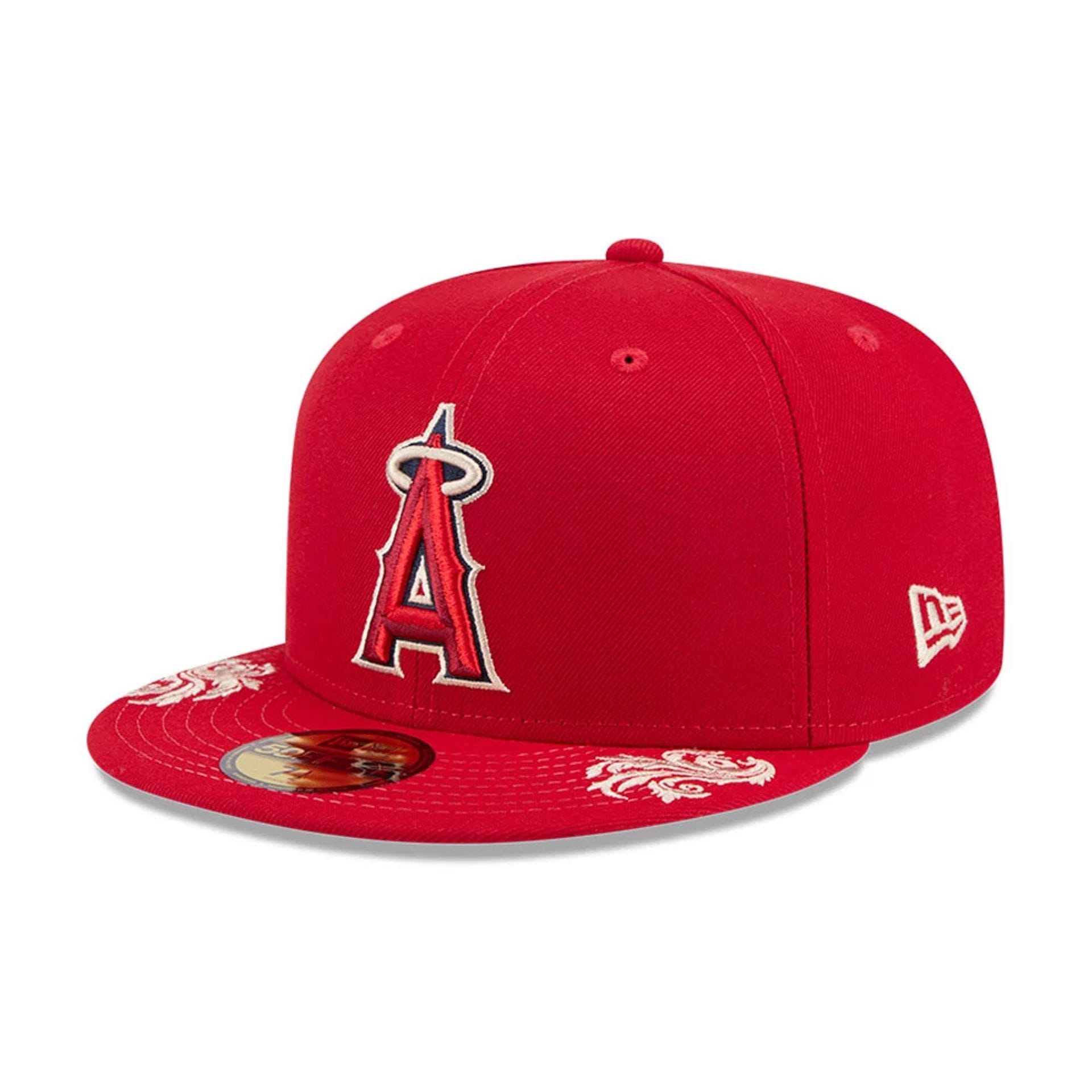 Pictured is this MLB Script LA Angels 59FIFTY Fitted cap in red. 6