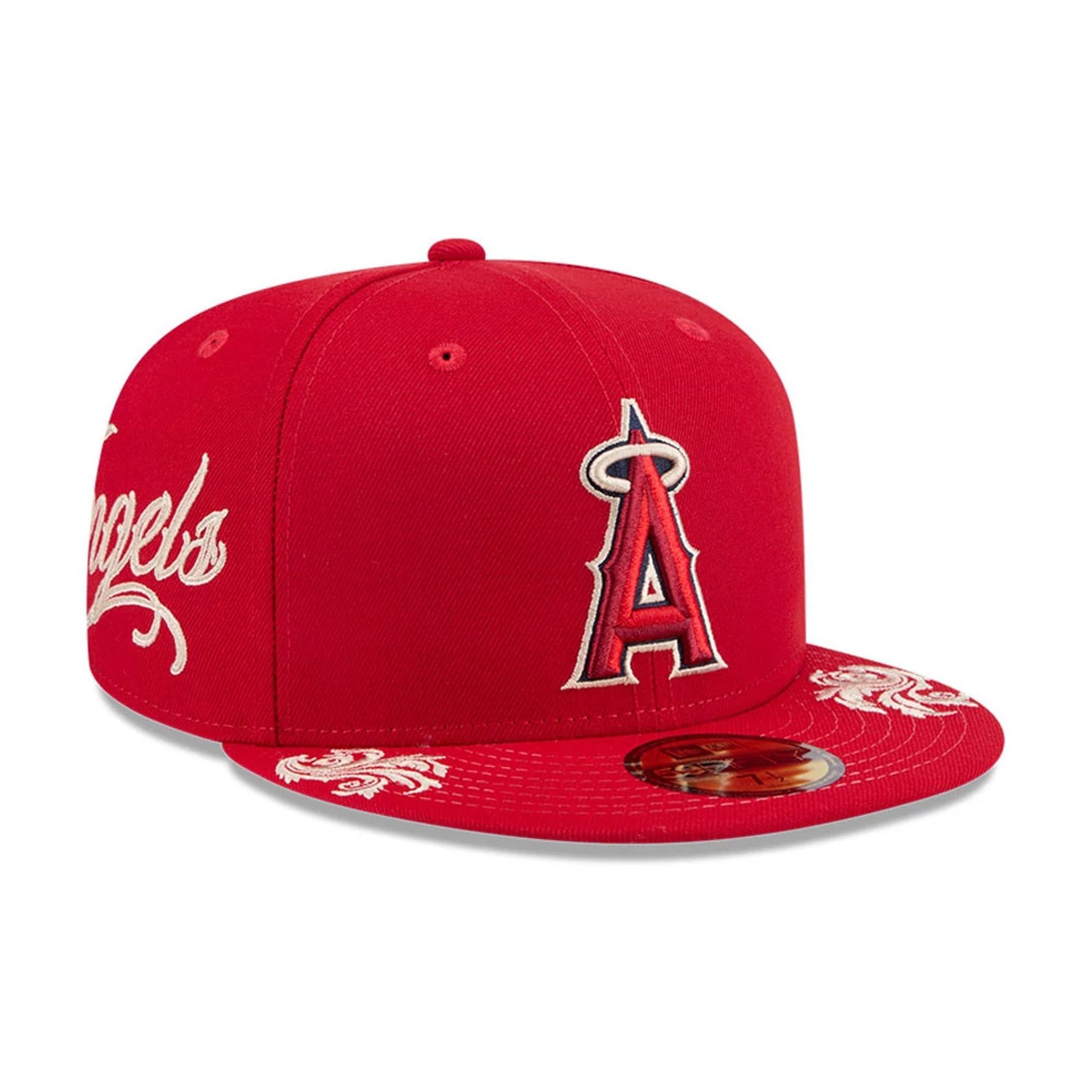Pictured is this MLB Script LA Angels 59FIFTY Fitted cap in red. 1