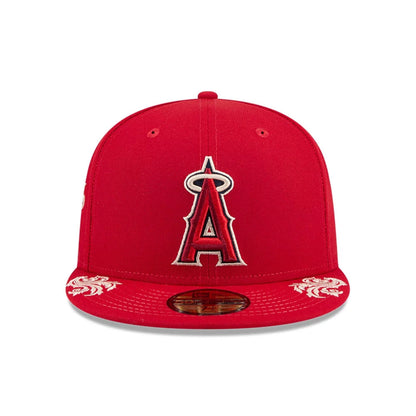 Pictured is this MLB Script LA Angels 59FIFTY Fitted cap in red. 5