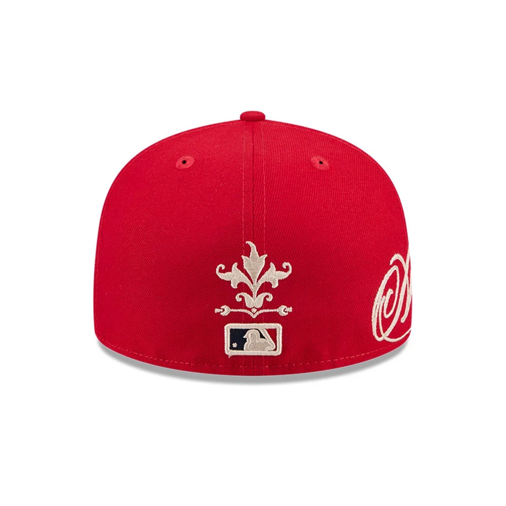 Pictured is this MLB Script LA Angels 59FIFTY Fitted cap in red. 3