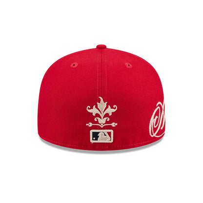 Pictured is this MLB Script LA Angels 59FIFTY Fitted cap in red. 3