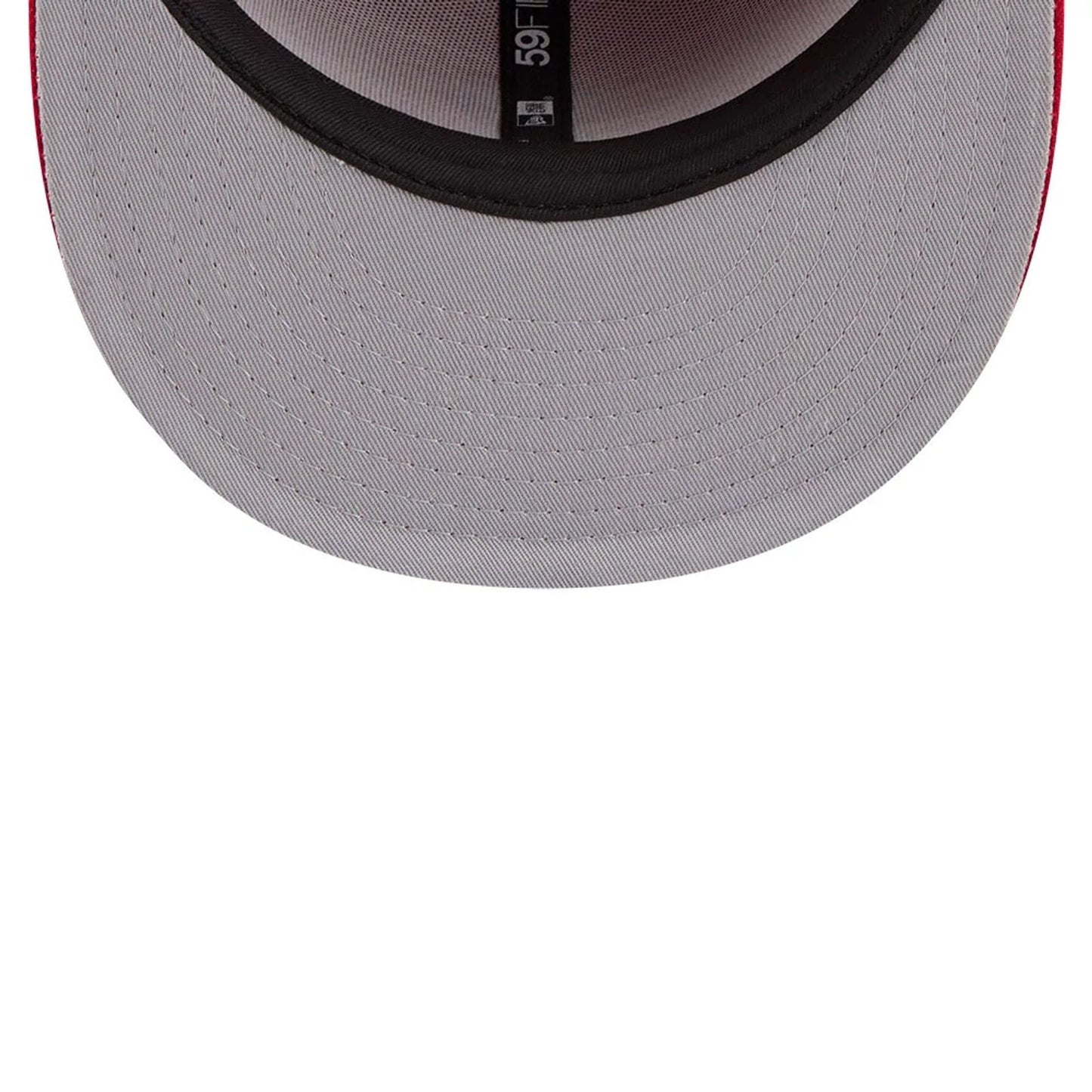 Pictured is this MLB Script LA Angels 59FIFTY Fitted cap in red. 2