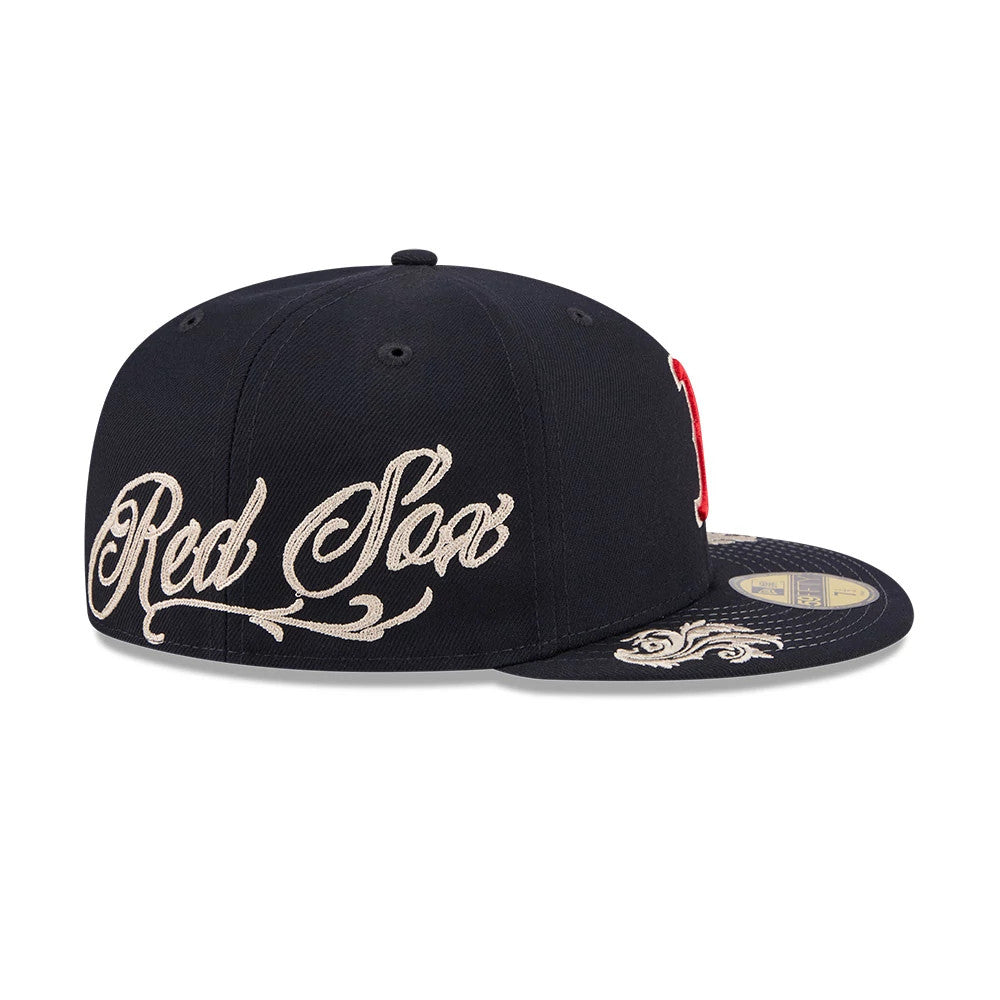 Pictured is this MLB Script Boston Red Sox 59FIFTY Fitted cap in navy. 4