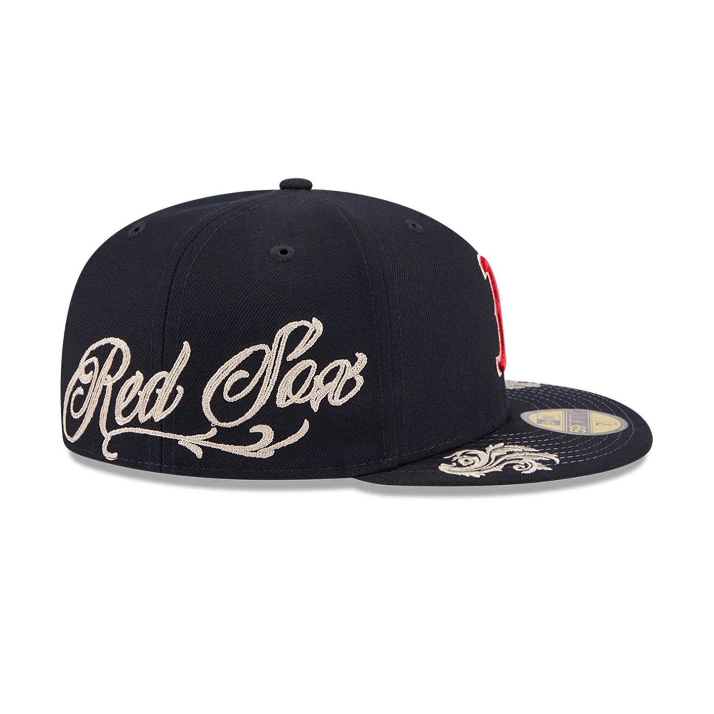 Pictured is this MLB Script Boston Red Sox 59FIFTY Fitted cap in navy. 4