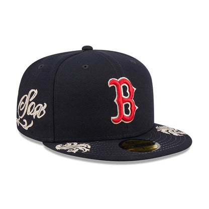 Pictured is this MLB Script Boston Red Sox 59FIFTY Fitted cap in navy. 1