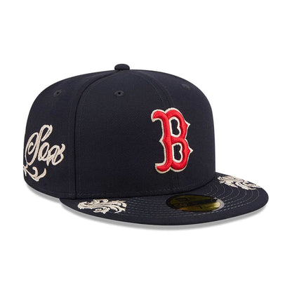 Pictured is this MLB Script Boston Red Sox 59FIFTY Fitted cap in navy. 1