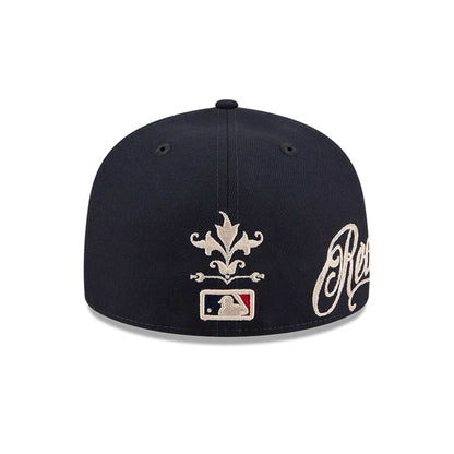 Pictured is this MLB Script Boston Red Sox 59FIFTY Fitted cap in navy. 3