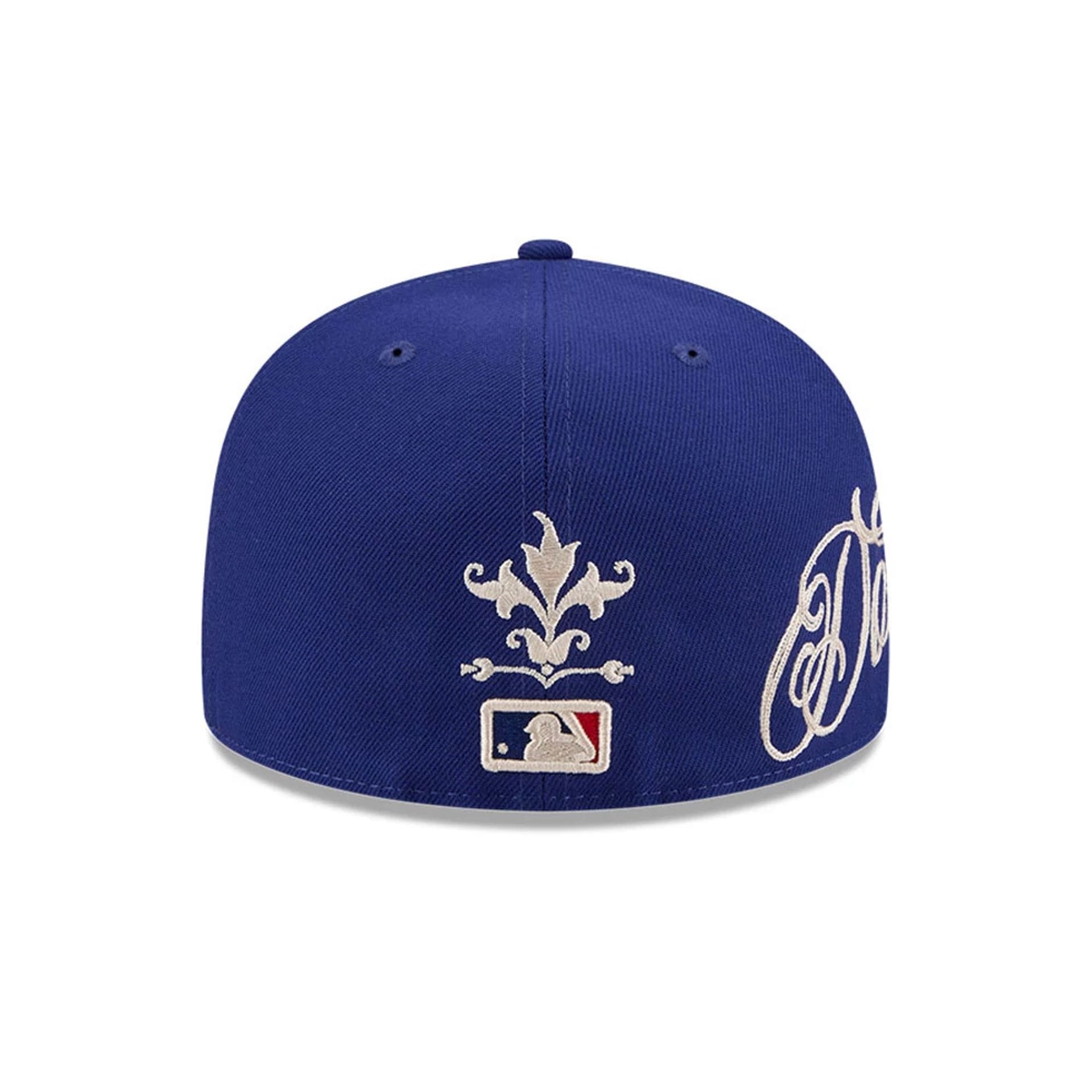 Pictured is this MLB Script LA Dodgers 59FIFTY Fitted cap in dark blue. 3