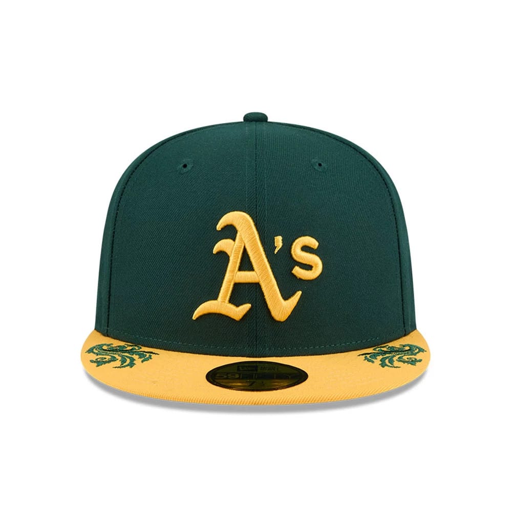 Pictured is this MLB Script Athletics 59FIFTY Fitted cap in dark green. 6