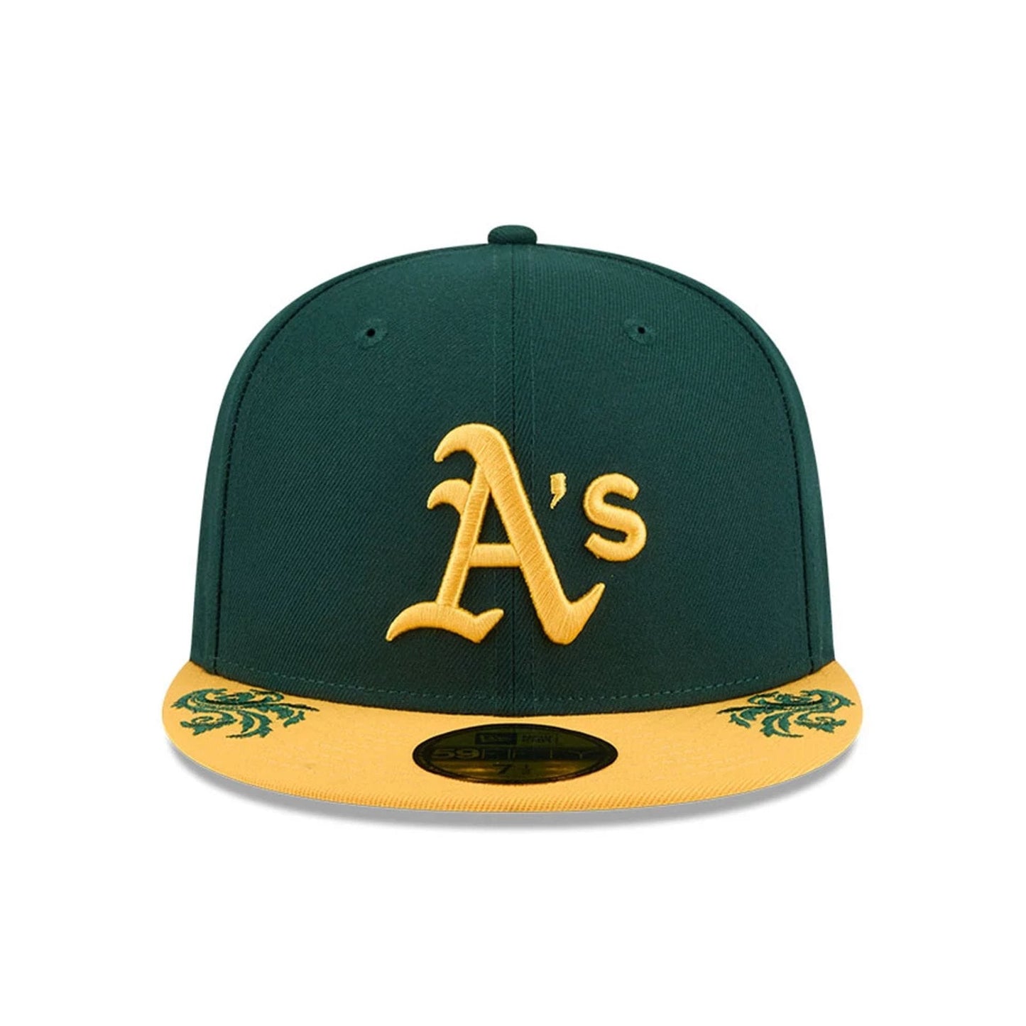 Pictured is this MLB Script Athletics 59FIFTY Fitted cap in dark green. 6