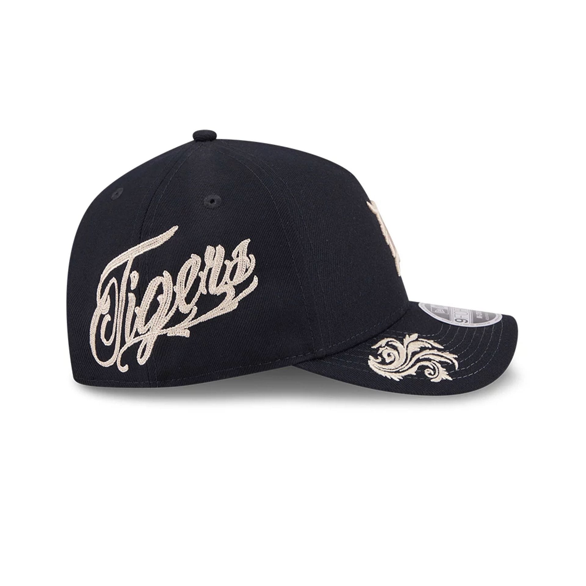 Pictured is this MLB Script Detroit Tigers 9FORTY M-Crown A-Frame Adjustable cap in navy. 4