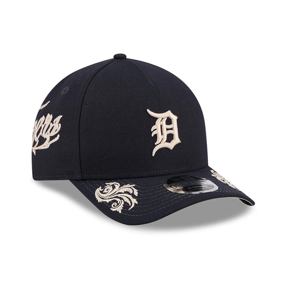 Pictured is this MLB Script Detroit Tigers 9FORTY M-Crown A-Frame Adjustable cap in navy. 1