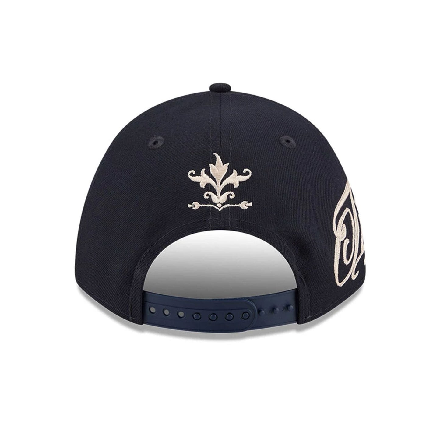 Pictured is this MLB Script Detroit Tigers 9FORTY M-Crown A-Frame Adjustable cap in navy. 3