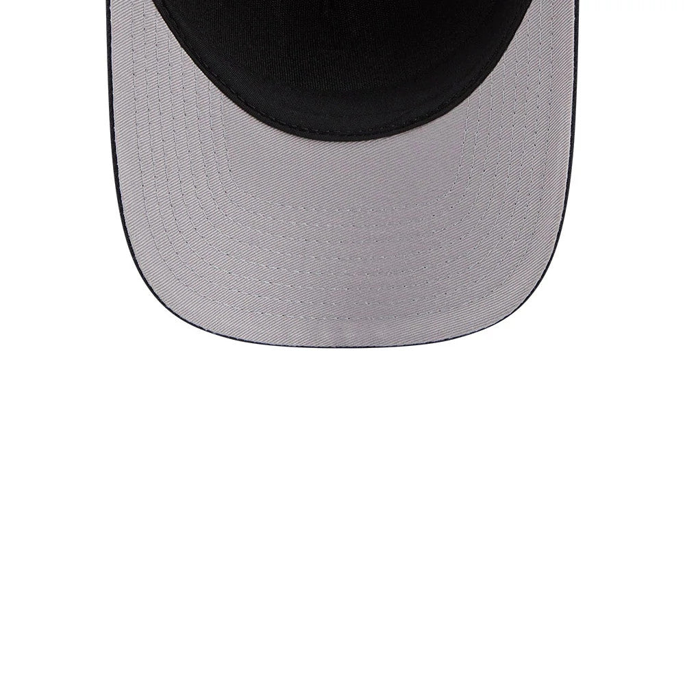 Detroit Tigers MLB Script Navy New Era 9FORTY M-Crown A-Frame Adjustable Cap, inside view showcasing the black undervisor and detailed stitching pattern beneath the curved navy visor.