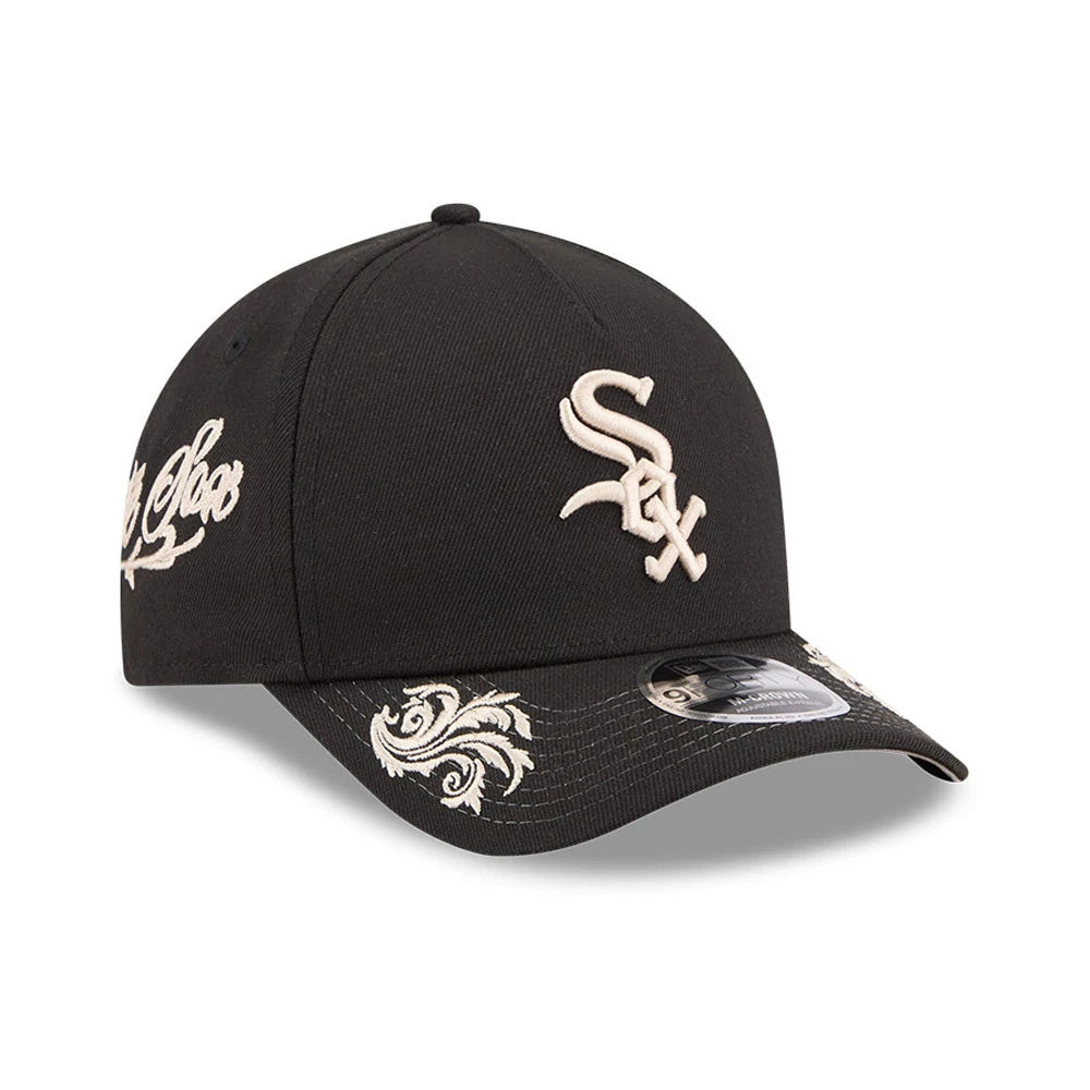 Pictured is this MLB Script Chicago White Sox 9FORTY M-Crown A-Frame Adjustable cap in black. 1