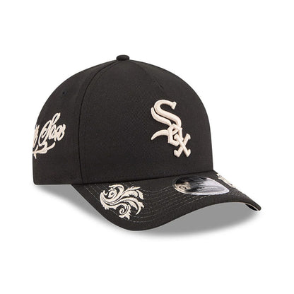 Pictured is this MLB Script Chicago White Sox 9FORTY M-Crown A-Frame Adjustable cap in black. 1
