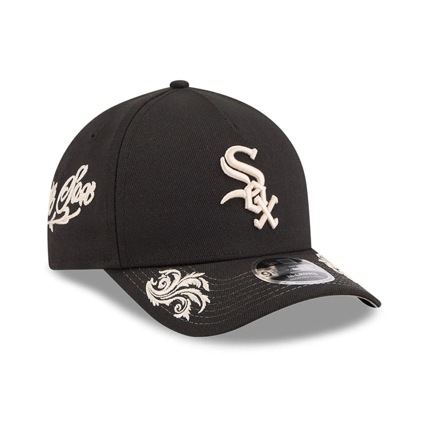 Pictured is this MLB Script Chicago White Sox 9FORTY M-Crown A-Frame Adjustable cap in black. 1