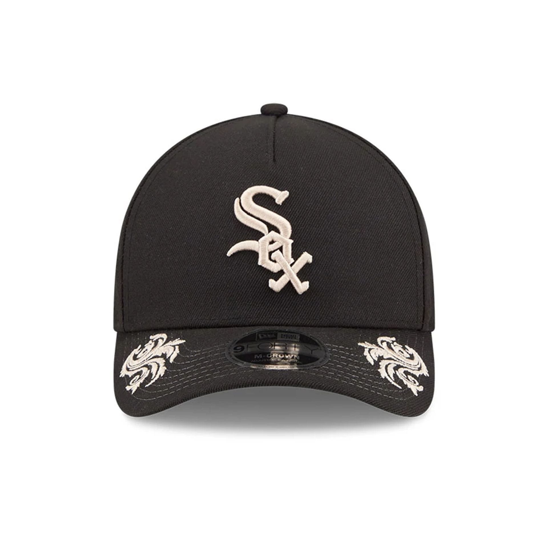 Pictured is this MLB Script Chicago White Sox 9FORTY M-Crown A-Frame Adjustable cap in black. 5