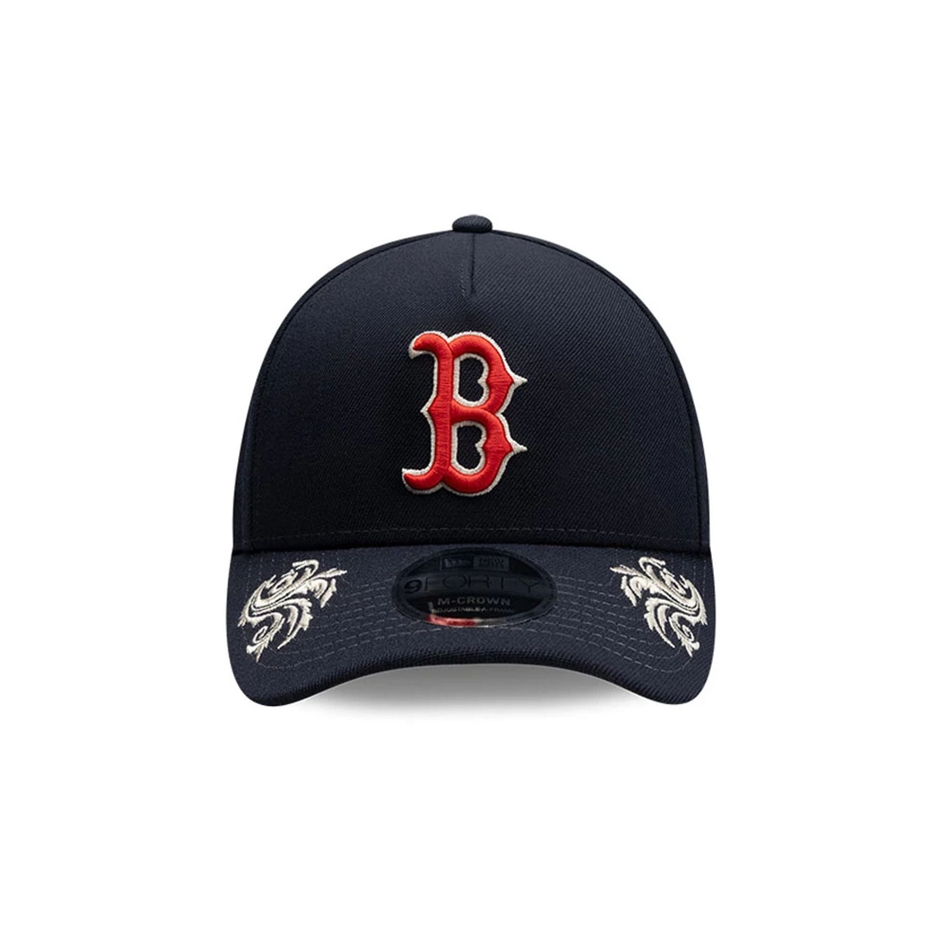 Pictured is this MLB Script Boston Red Sox 9FORTY M-Crown A-Frame Adjustable cap in navy. 6