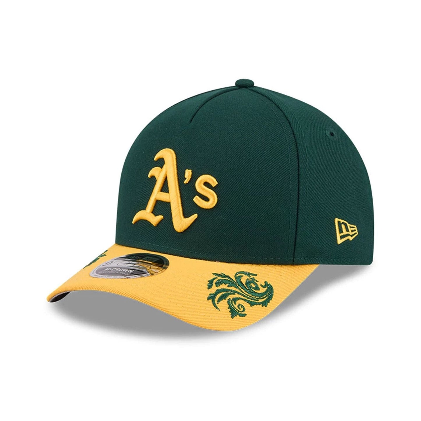Pictured is this MLB Script Athletics 9FORTY M-Crown A-Frame Adjustable cap in dark green. 6