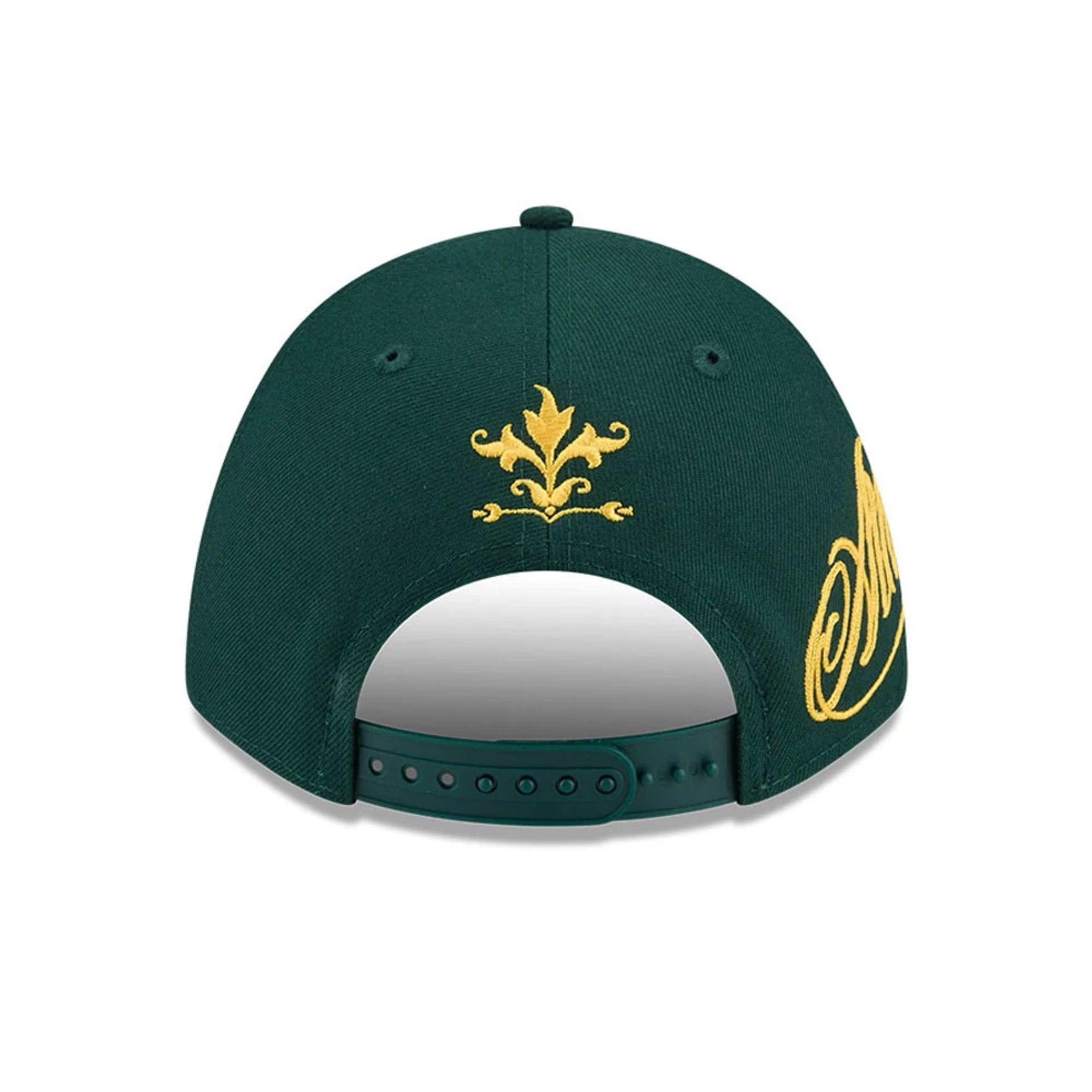 Pictured is this MLB Script Athletics 9FORTY M-Crown A-Frame Adjustable cap in dark green. 3