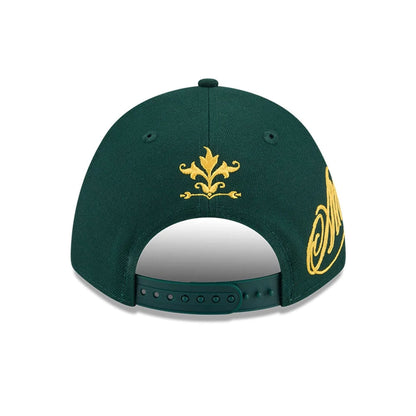 Pictured is this MLB Script Athletics 9FORTY M-Crown A-Frame Adjustable cap in dark green. 3